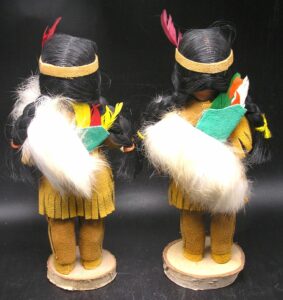 Pair 1960s Carlson Woodland AmerIcan Indian Dolls w beaded buckskin suede outfit - Image 9