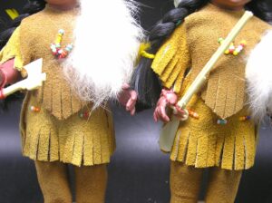 Pair 1960s Carlson Woodland AmerIcan Indian Dolls w beaded buckskin suede outfit - Image 3