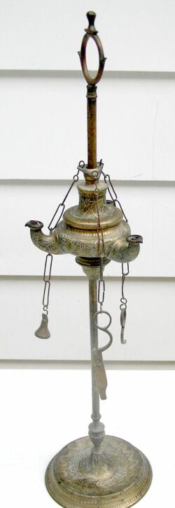 Antique 24" Lucerne Whale Oil Lamp - 3 Spout - Intricate Engraving - Image 19