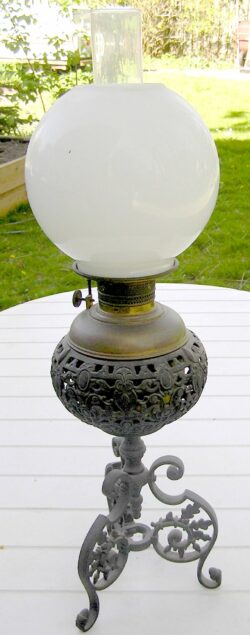 Cast Iron Filigree Banquet Lamp w Bristol Brass & Clock Burner, Milk Glass Globe - Image 13