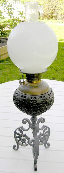 Cast Iron Filigree Banquet Lamp w Bristol Brass & Clock Burner, Milk Glass Globe - Image 12