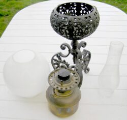 Cast Iron Filigree Banquet Lamp w Bristol Brass & Clock Burner, Milk Glass Globe - Image 11