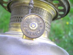 Cast Iron Filigree Banquet Lamp w Bristol Brass & Clock Burner, Milk Glass Globe - Image 3