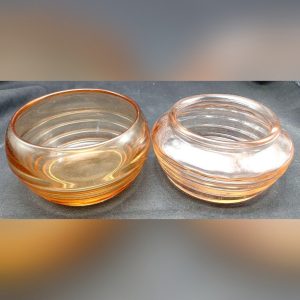 Pair Shallow Vintage Glass Bowls - Pink Depression 4" diam./ Amber Elegant 4.5" diam.