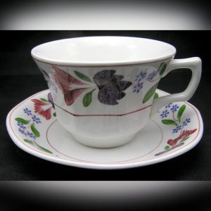 lot/4 Adams Old Colonial Cups & Saucers, hand painted ironstone - total 7