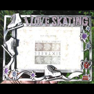 Vintage Open Work Metal Stand Picture Frame "I Love Skating", Enameling, w Glass