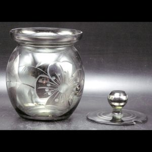 Glass Jam / Condiment Jar - Engraved Smokey Glass w Silver / Platinum Mirror - Czechoslovakia