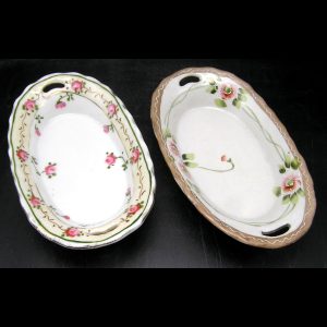 Pair Antique Nipppon / Japan Porcelain Hand-Painted Oval Dishes Bowls, 6.5" long
