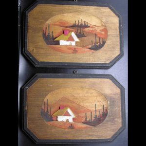 Pair Antique Bas Relief Wood Carving Wall Plaques / Pictures, Log Shacks, Quebec Canada Folk Art
