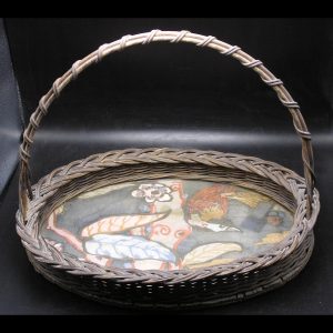 Antique Wicker / Wood Basket / Tray w Art Nouveau Bird Fabric Under Glass