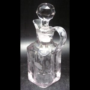 Heavy Victorian Flint Glass Cruet w Wheel Engraved Moth / Fly, Ground Glass Stopper