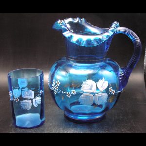 Antique Bohemian Czech Pale Blue Turquoise Glass Pitcher & Matching Tumbler
