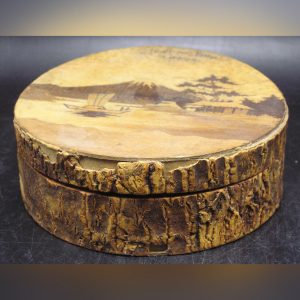 Paper Mache Box w Marquetry Pic of Mt Fuji & Bark Edges - Point-au-Baril, Canada Souvenir