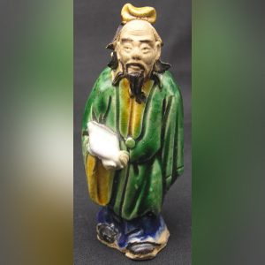 Antique Handcrafted Chinese Mudman, Green Robe, 3.5"