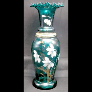 Antique Victorian Teal Glass Hand Blown Vase Gold & White Enamelled Flowers 10" h