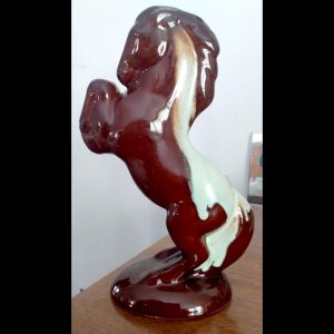 Vntg. Canadian Ceramic Craft (CCC) Rearing Horse, Chartreuse Drip on Brown 9" T