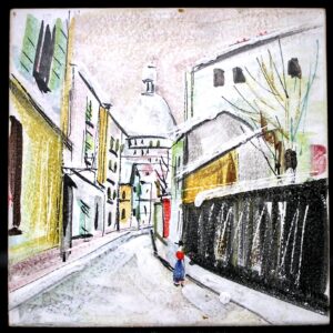 Vintage Hand-Painted Tile Plaque / Trivet, Impressionist Street Scene, 8" Square