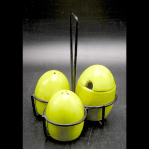 Retro Mid Century 5-piece Ceramic Egg-Shaped Salt & Pepper and Mustard Pot w Black Metal Stand