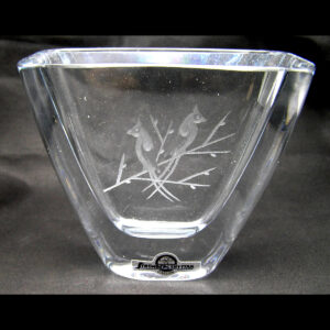 Triangle-shaped Stromberg Glass Sweden Crystal Vase w Bird Engraving