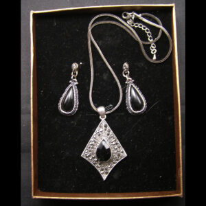 Elegant Boxed Necklace Pendant / Earring set, Black Faceted Stone & Marcasite