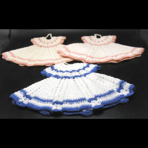 3 Crochet Dress Pot Holders, 2 Pink / White, 1 Blue / White