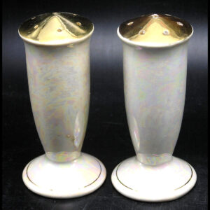 Vintage Pair Ceramic Salt & Pepper Shakers, Pearl Shell Lustre, Gold Tops, 4"