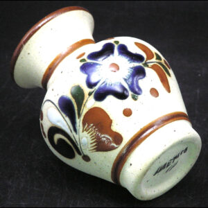 Mexico Tonala Folk Art Clay Vase, Enamel Flowers, 4" Tall