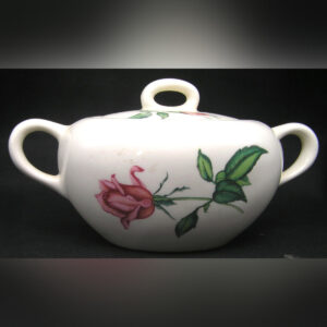 Vintage Oval Lidded Ceramic Sugar Bowl, Double Handled, English?, Pink Roses