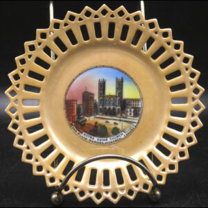 Peach Lustre Reticulated Porcelain Souvenir Dish - Notre Dame Church Montreal Canada, 5" diam