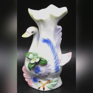Porcelain Swan Bud Vase, Hand Painted, Applied Flowers, 5", Crossed Swords? Mark