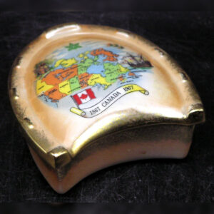 1967 Porcelain Horseshoe Shaped Trinket Box, Canada Centennial, Canada Map