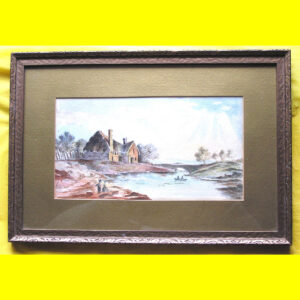 Framed Watercolour Painting - Log Barn, Thatch Roof, Stone Bridge, Early 1900s