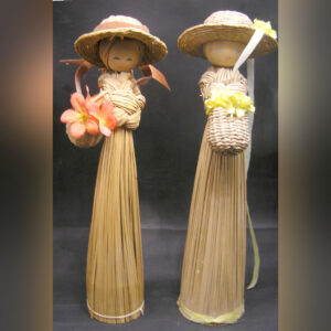 Broom Straw Dolls Vintage Folkart 1970s Handmade in Korea, 9.5"tall
