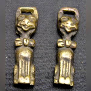 Pair Small Antique Cast Brass Cheshire Cat Strap Dangles/Ends, 1.75"