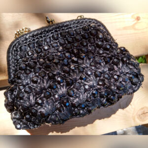 Limited Time Offer - 40% off - Vintage Black Raffia Clutch Purse w Black Faceted Rhinestones & Brass Chain - was 39.95
