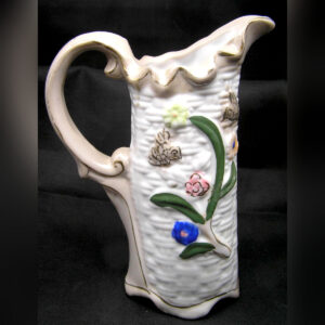 Antique Majolica Porcelain Pitcher Vase - Basket Weave with Raised Flowers, 6.5"