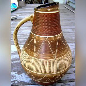 Vntg German Pottery Dumler Breiden Handled Large 12" Pitcher / Vase, Incised Geometric, 376 30