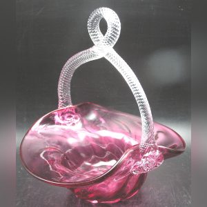 Vntg Hand Blown Cranberry Glass Basket w Looped Twisted Handle - Rossi, Chalet?