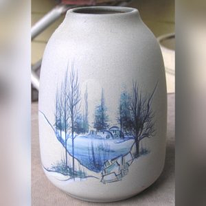 Art Pottery Vase, Matte Grey Textured Finish, Hand-Painted Winter Scene
