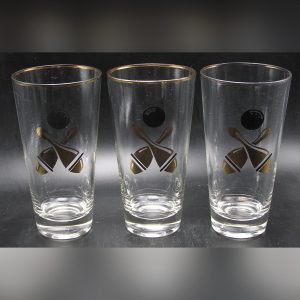 set/3 Vintage Mid Century Gold & Black Bowling Pins/Ball Bar Glasses / Tumblers