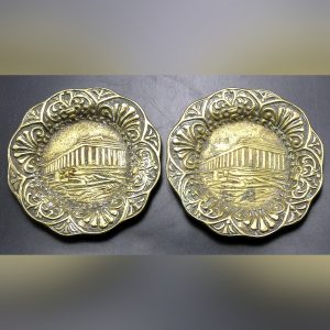 Pair Cast Brass Decor Dishes with Raised Image of the Parthenon - Made in Greece