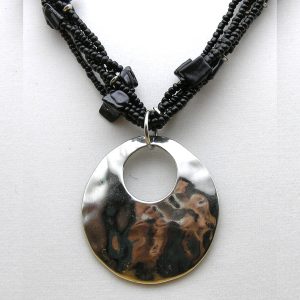 Handmade Multi-strand Black Bead Necklace w Silver-Tone Disc Pendant