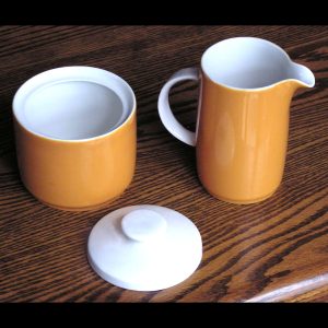 MCM Royal Doulton England Cream & Sugar w Lid, Fine China, Orange and White